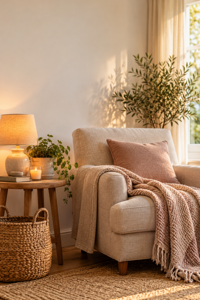 A cozy living room corner with a warm lamp, textured blankets, greenery and a woven basket