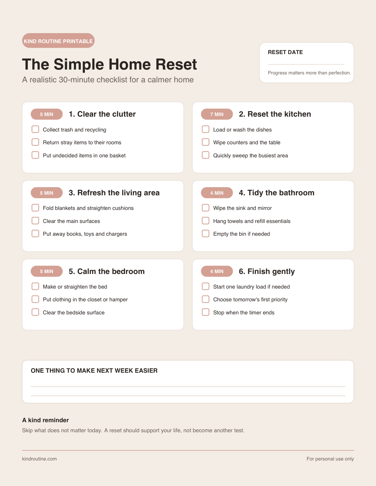 Preview of the Simple Home Reset printable checklist