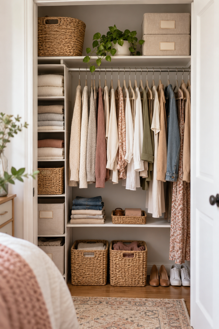 A small organized closet with matching hangers, folded clothes and woven storage baskets