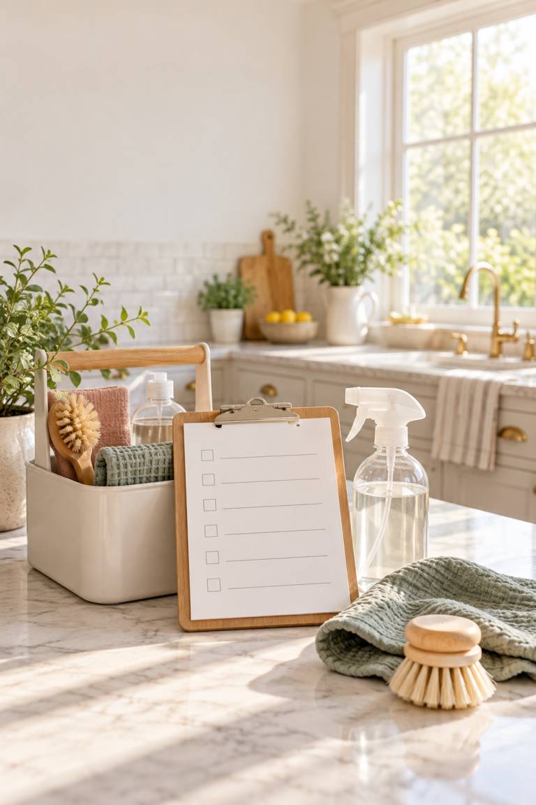 A simple cleaning checklist with a neutral cleaning caddy on a bright kitchen counter